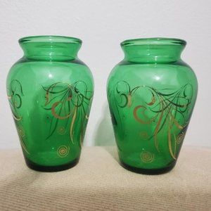 MCM Mini Vases by Anchor Hocking Emerald Green and Gold Vintage 1950s Set of 2